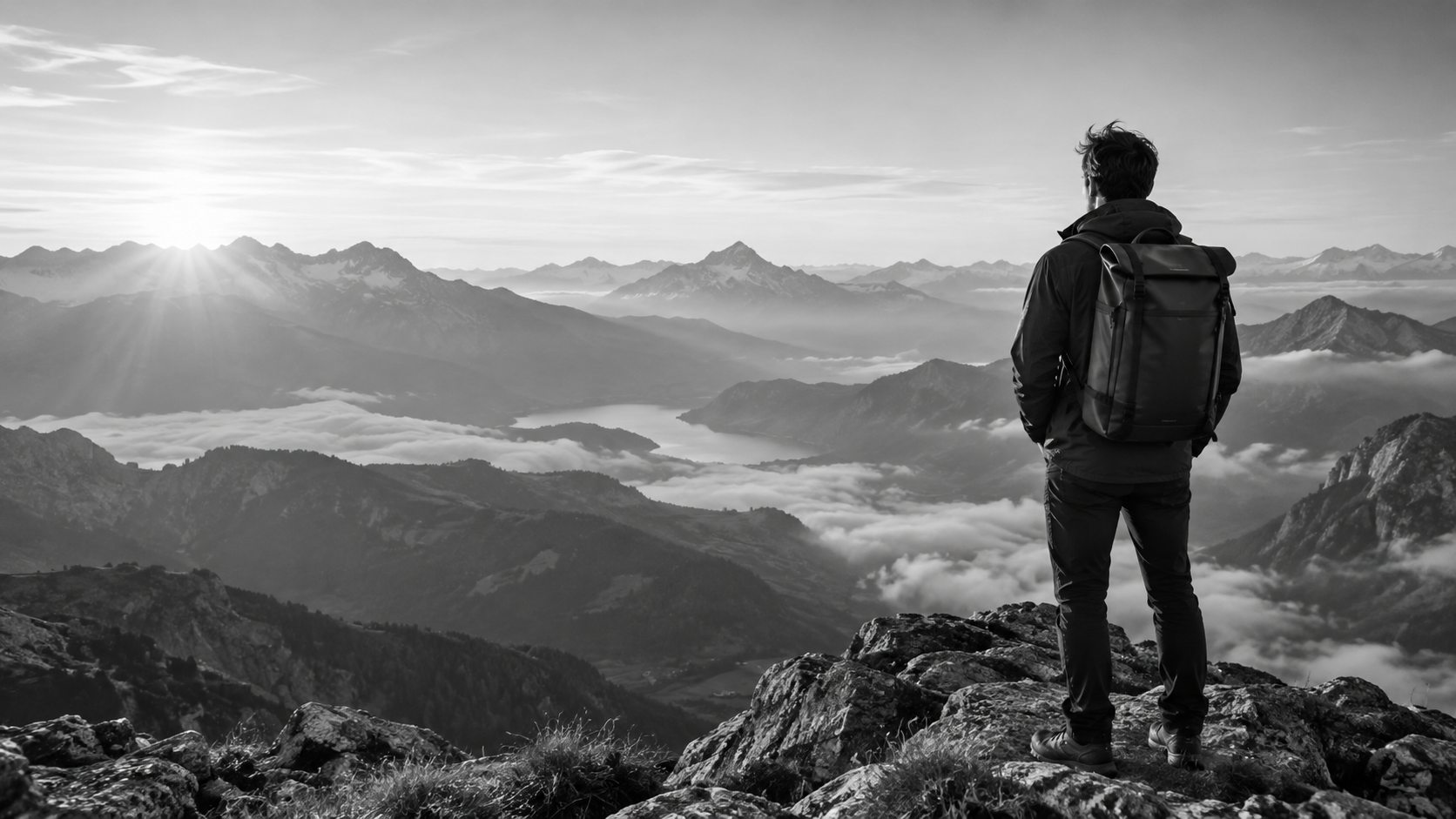 Viaggiatore con zaino davanti a un panorama montano