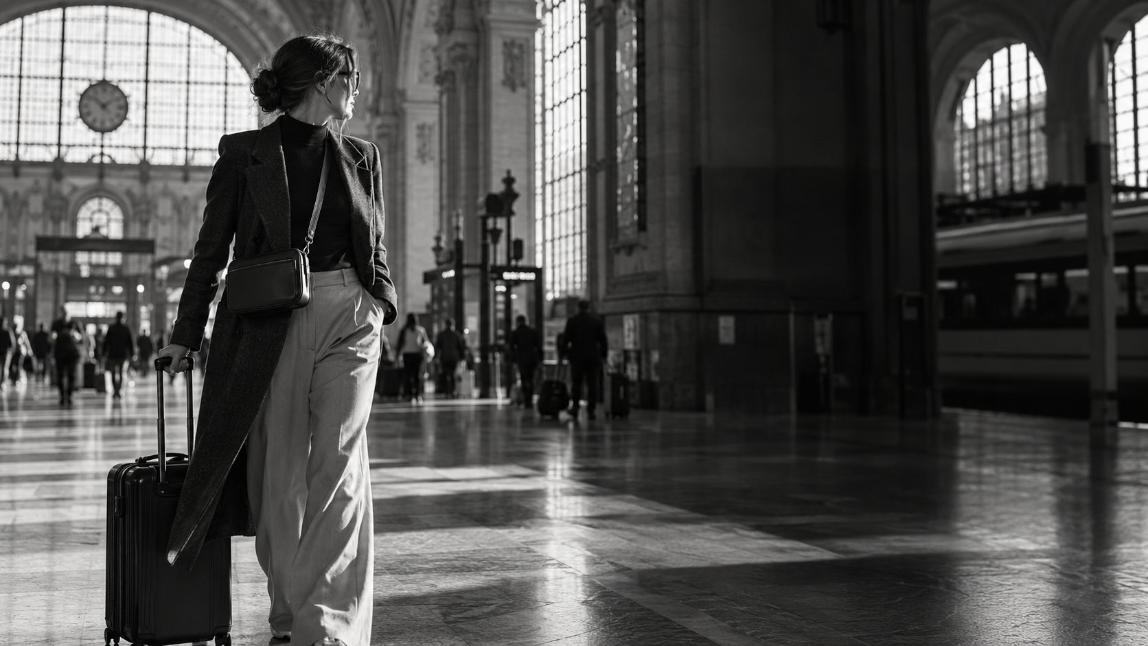Viaggiatrice con borsa e trolley in una stazione europea